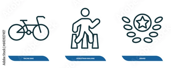Fototapeta set of 3 linear icons from sport concept. outline icons such as racing bike, pedestrian walking, award vector