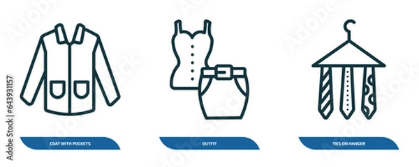 Fototapeta set of 3 linear icons from fashion concept. outline icons such as coat with pockets, outfit, ties on hanger vector