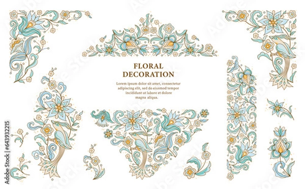 Fototapeta Vector pattern, floral frame, corner vignettes, border, card design template. Elements with birds and flowers in Eastern style. Flower illustration. Indian ornaments. Ethnic isolated ornament.