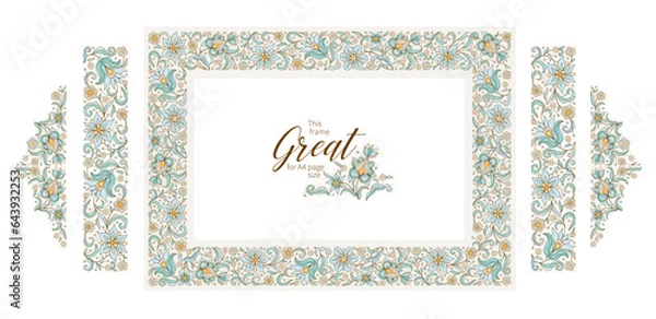 Fototapeta Vector flower pattern, A4 page size square frame, corner vignettes, border, card design template. Elements in Eastern style. Floral borders, flower illustration. Ethnic isolated ornaments.