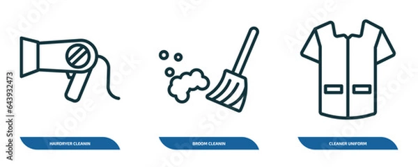 Fototapeta set of 3 linear icons from cleaning concept. outline icons such as hairdryer cleanin, broom cleanin, cleaner uniform vector