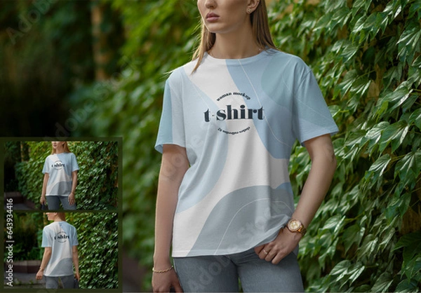 Obraz T-shirt Mockup on a Young Girl on a Green Leafy Background