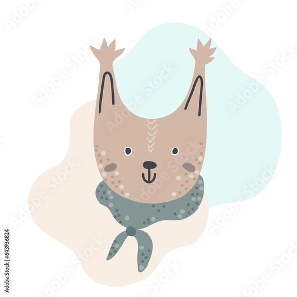 Fototapeta Hand drawn portrait of cute forest squirrel in scandinavian style in pastel colors isolated on white background. Design element for baby clothes, cards, textiles, fabrics, wallpapers