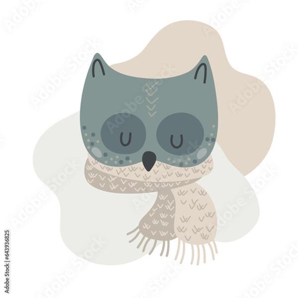 Fototapeta Hand drawn portrait of cute owl in scandinavian style in pastel colors isolated on white background. Design element for baby clothes, cards, textiles, fabrics, wallpapers
