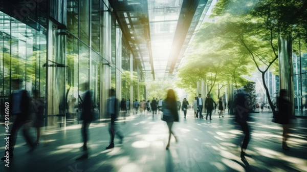 Obraz Sustainability in business center concept, business people crowd walking at corporate office in green city downtown, Abstract motion blur image, blurred background, Generative AI