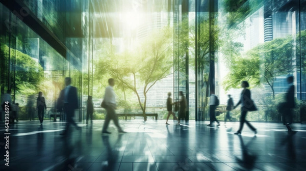 Obraz Sustainability in business center concept, business people crowd walking at corporate office in green city downtown, Abstract motion blur image, blurred background, Generative AI