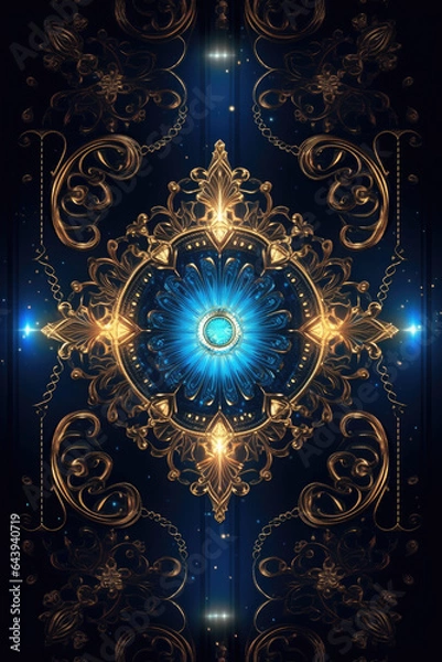 Obraz A blue fantasy card with a golden floral elements, Generative AI