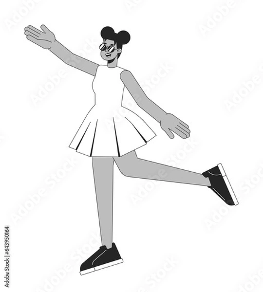 Fototapeta Dancing african american girl flat line black white vector character. Lady throwing up hands. Editable outline full body person. Simple cartoon isolated spot illustration for web graphic design