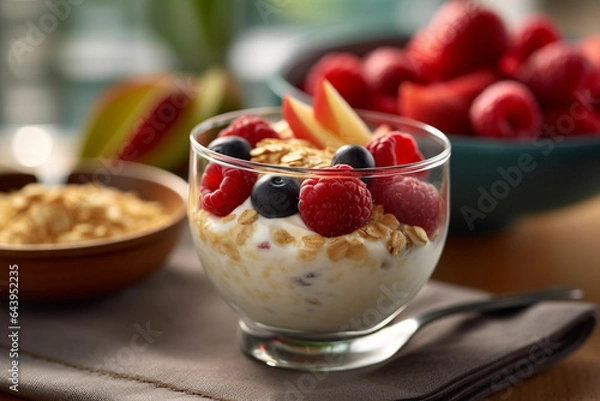 Obraz Sweet yogurt with berries at table at breakfast