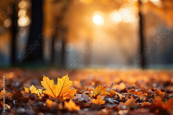 Fototapeta Fallen maple leaves on the ground with a blurry park in the background and sun breaking through trees at autumn