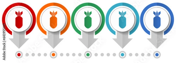 Fototapeta Bomb, war, military, weapon vector icon set, flat design infographic template, set pointer concept icons in 5 color options for webdesign and mobile applications