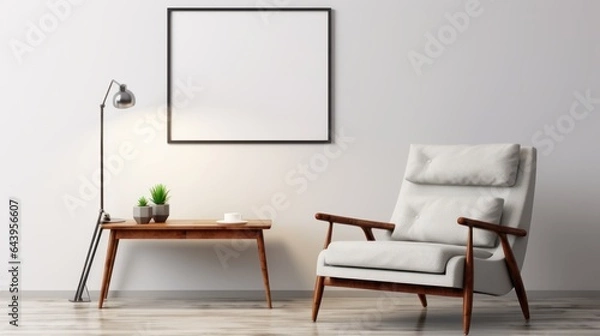 Fototapeta Front view of a modern minimalist scandi living room. White wall with poster template, comfortable armchair, coffee table, floor lamp, houseplants. Home decor. Mockup, 3D rendering.