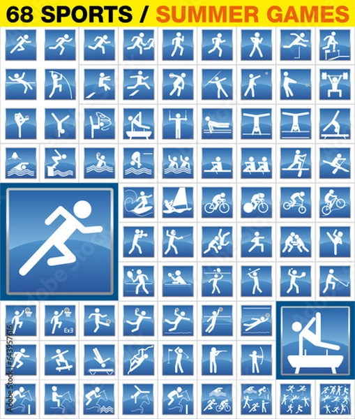 Fototapeta Une collection complète d’icônes ou pictogrammes de sports, pour la signalisation de toutes les compétitions pratiqués en été.