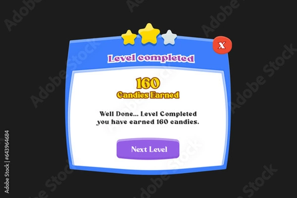 Obraz Game Popup Menu Settings. Buy. Exit. Level Complete with buttons. Vector PopUp Banner for a Casual Game. Level PopUp for Casual Game. Set of user interface GUI to build 2D games. Game popup design.