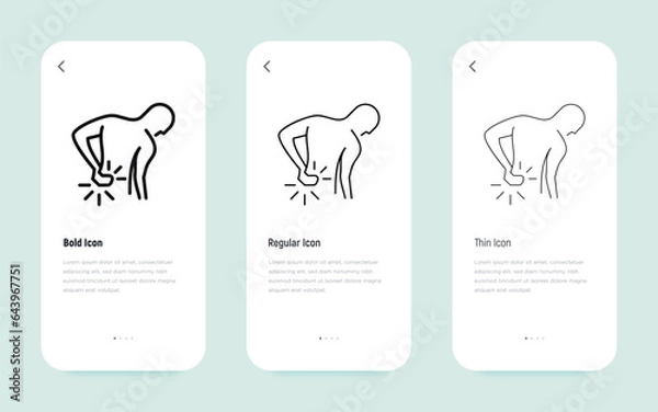 Obraz Backache thin line icon. Man touching his back. Osteoporosis, arthritis symptom. Vector illustration.
