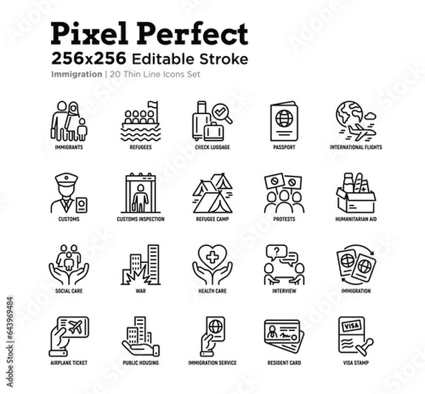 Obraz Immigration thin line icons set: immigrants, illegals, baggage examination, passport, resident card, public housing, customs, inspection, refugee camp. Editable stroke. Vector illustration.