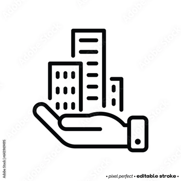 Fototapeta Public housing, affordable housing for immigrants. Building in hand thin line icon. Vector illustration.
