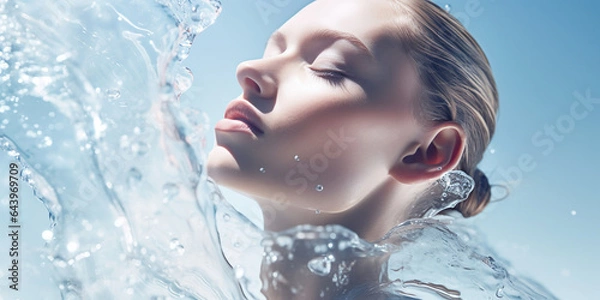 Obraz A joyful and refreshing underwater close-up of a beautiful young woman's face as she enjoys the calm and peacefulness of the clear blue sea. Her skin is hydrated and glowing with serenity.
