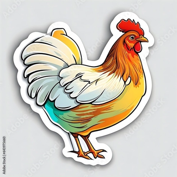 Fototapeta photo of a beautiful hen sticker with bright colors isolated on white, generative AI