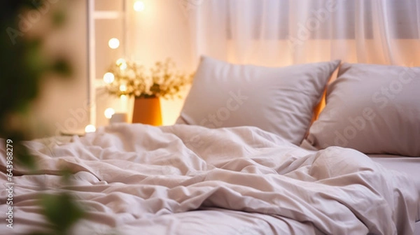 Fototapeta comfortable bedroom scene with white pillows and warm background lights