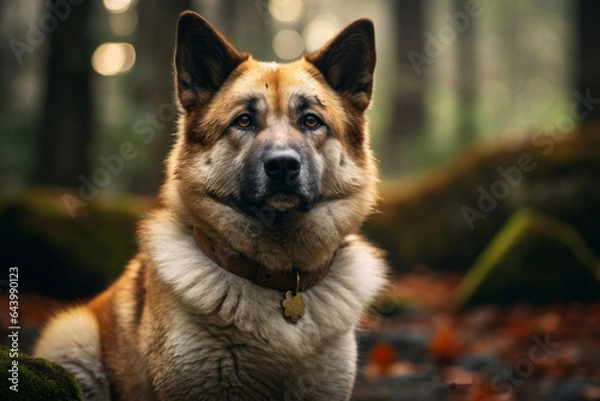 Fototapeta Close-up portrait photography of a curious akita laying down wearing a jumper against a backdrop of a mystical forest. With generative AI technology