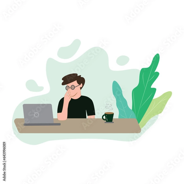 Obraz Flat illustration of business man who is thinking about a work solution in front of a laptop at coworking space, while drinking a cup of coffee. Modern cartoon vector illustration.
