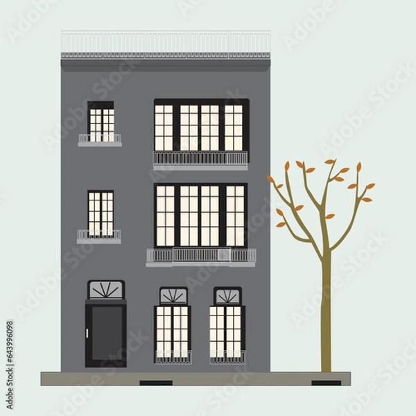 Fototapeta Flat illustration of modern residential and office building design in a big city with gray color. House front cartoon vector illustrations.