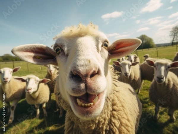 Obraz a group of sheep take a selfie in the farm