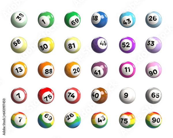 Fototapeta Mega set of 30 rainbow coloured bingo balls, lucky 7, isolated on white, bingo hall, colourful bingo balls with numbers
