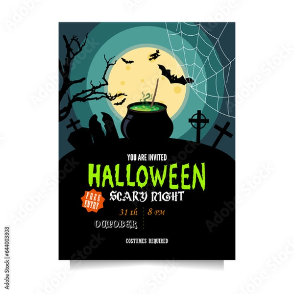 Fototapeta Halloween party invitation with poition in cauldron, graves, bats and a witch in full moon