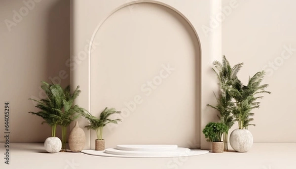 Fototapeta Framed wall with copy space. Abstract minimal geometric forms scene. Podium with plants on beige white background. Template blank mockup. Product presentation. Modern podium, stage pedestal, platform.