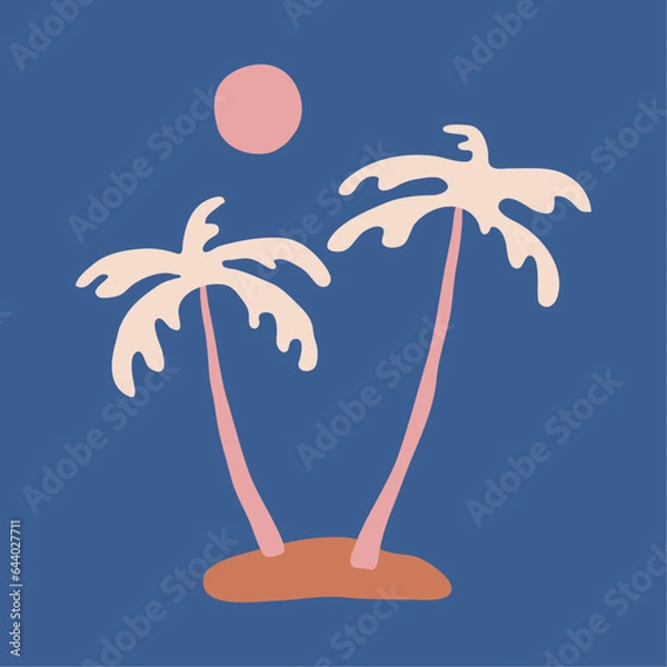 Fototapeta Hand Drawn Tropical Island Vector Illustration. Sunset on the Beach with Palm Trees and Sea. Beach Vibe.