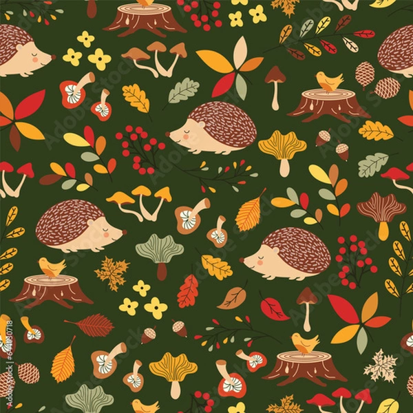 Fototapeta Seamless pattern with forest animals, mushrooms, flowers and autumn leaves. Vector illustration.