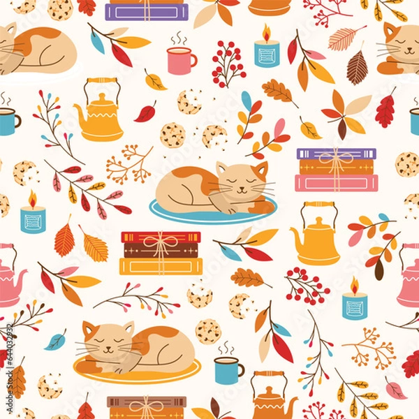 Fototapeta Cute cozy seamless pattern with sleepy cat, books, tea kettle, mug and colorful fall leaves. Vector illustration.