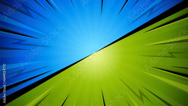 Fototapeta Flat versus comic style background. Before and after background template. Blue and green comic style background with lightning and halftone effect.