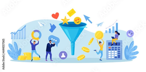 Fototapeta Sales funnel analysis. Digital marketing. Strategy, conversion rate optimization. Lead generation. Social media, SMM to attract buyers. Communication for attracting new customers and making profit