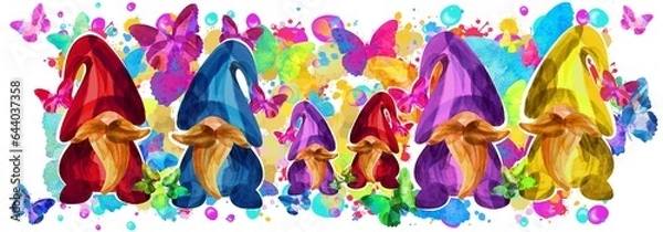 Obraz Watercolour beard mans, gnomes with butterflies, flowers. Botanical background. Sublimation.