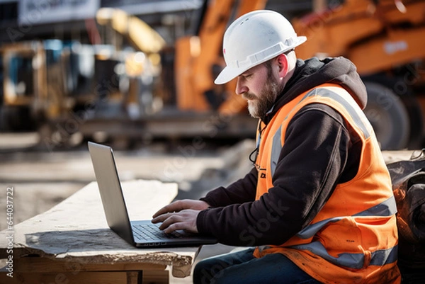Fototapeta A construction worker works on a construction site on a laptop.