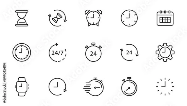 Obraz Time and Clock linear icons set. Timer, watch, speed, calendar, alarm clock, date and time management. Editable stroke. Vector illustration.