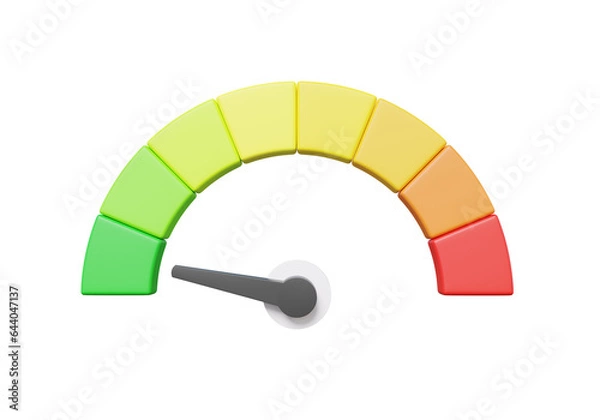 Obraz Minimal cartoon arrow point credit scale speed low status green speedometer icon performance, pointer rating risk levels, meter, tachometer on isolated background. 3d render
