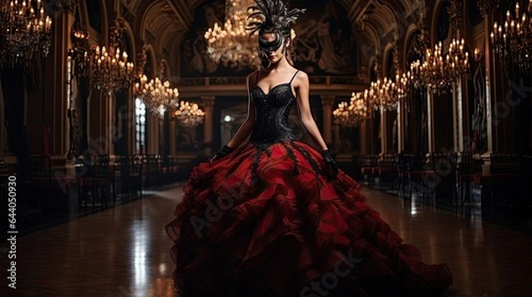 Fototapeta Model exuding mystery in a masked ball gown, set in a grand ballroom with chandeliers