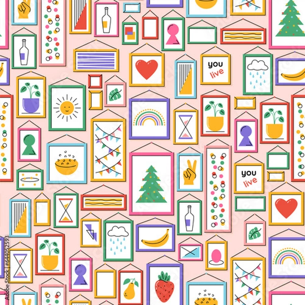 Fototapeta seamless bright color pattern of photos, paintings and posters on the wall. Bright design.