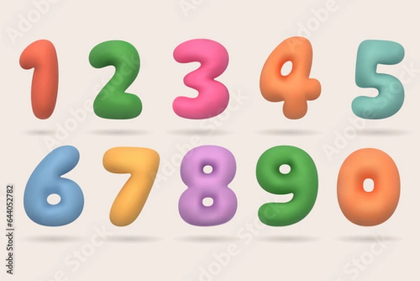 Fototapeta Colored numbers from 0 to 9. Realistic 3D plastic design. vector illustration Collection of volumetric inflated figures from a balloon. Set of bright bubble spherical shapes.