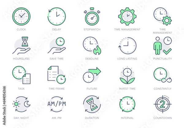 Fototapeta Time management line icons. Vector illustration include icon - deadline, stopwatch, hourglass, metronome, delay, punctuality outline pictogram for work days. Green Color, Editable Stroke