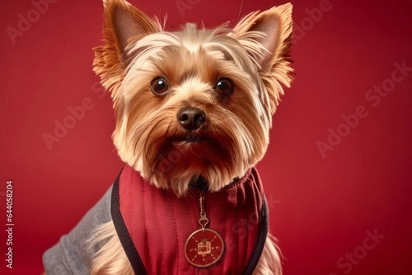 Fototapeta Headshot portrait photography of a funny yorkshire terrier wearing a denim vest against a burgundy red background. With generative AI technology