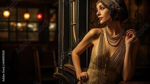 Fototapeta Model donning a 1920s flapper dress, set in an old speakeasy with jazz playing faintly