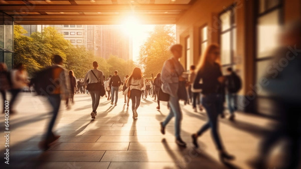Fototapeta Students walking to class in a university or college environment. Moving crowd motion blurred background. 