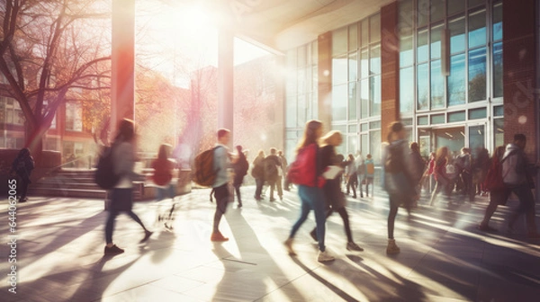 Fototapeta Students walking to class in a university or college environment. Moving crowd motion blurred background. 