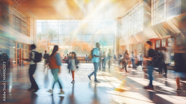 Fototapeta Students walking to class in a university or college environment. Moving crowd motion blurred background. 