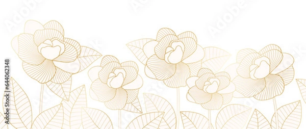 Fototapeta Abstract floral art background vector. Luxury wallpaper in a minimalistic linear style with golden lines of flowers and botanical leaves, organic shapes, rose. Vector background for banner, poster, we